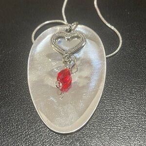 Silver Heart Pendant Necklace with Red Accent made from Vintage Silverware